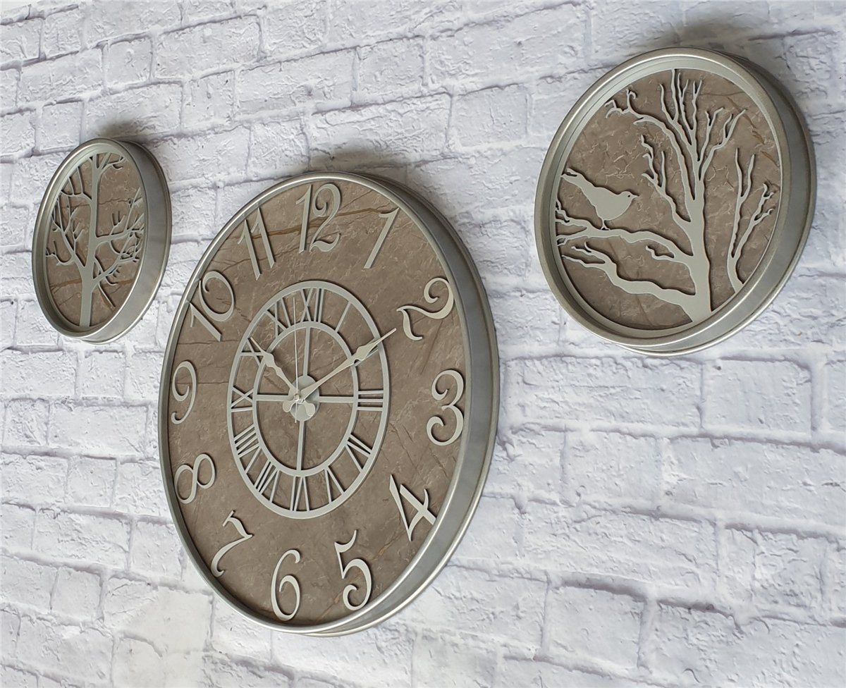 Markakanvas Metal Kasalı Mermer Desenli Duvar Saati ile Daldaki Kuş ve Hayat Ağacı Tablo