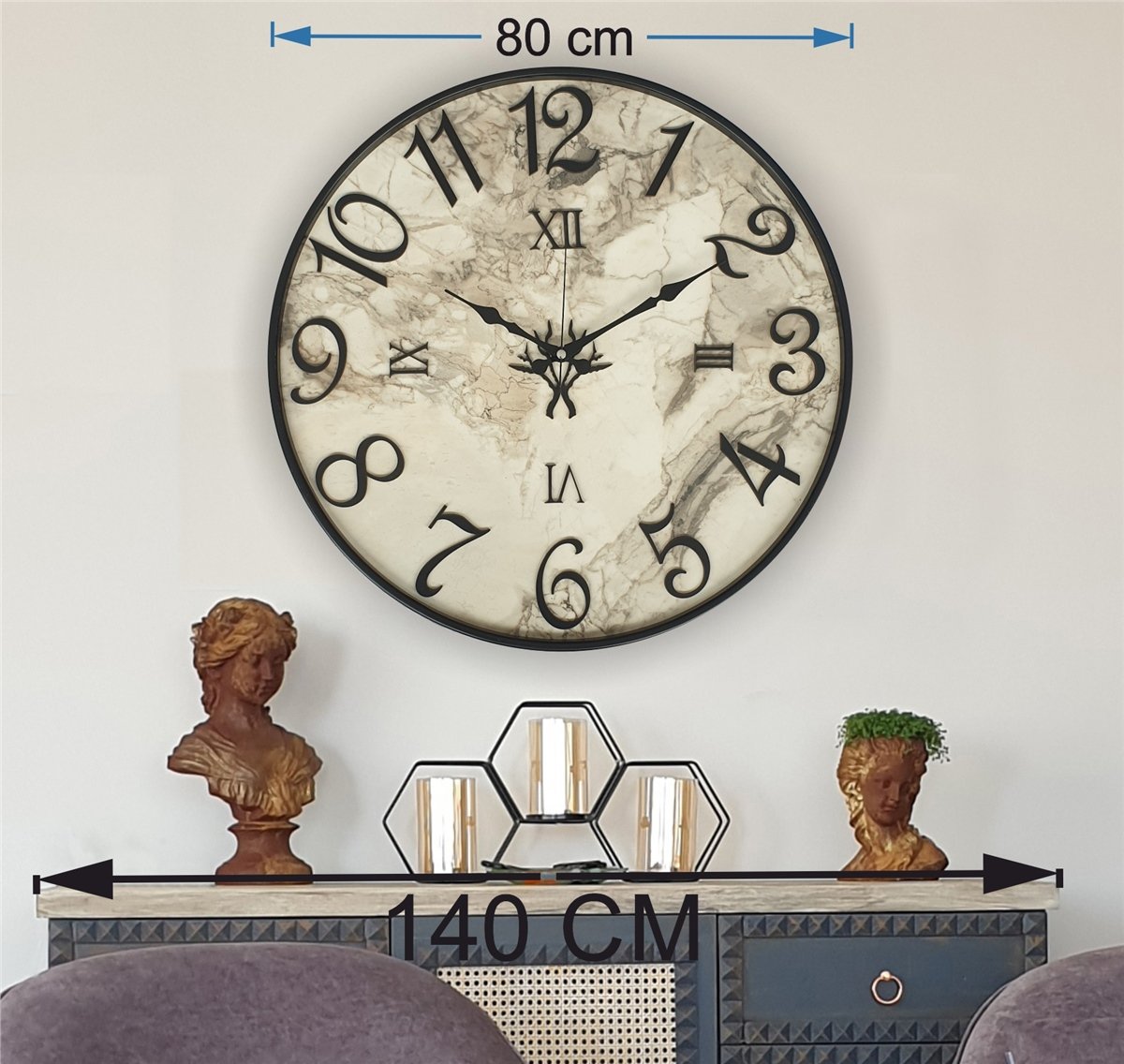 Markakanvas Metal Kasalı Mermer Desenli  Duvar Saati Çap 40 cm - Çap 50 cm - Çap 80 cm