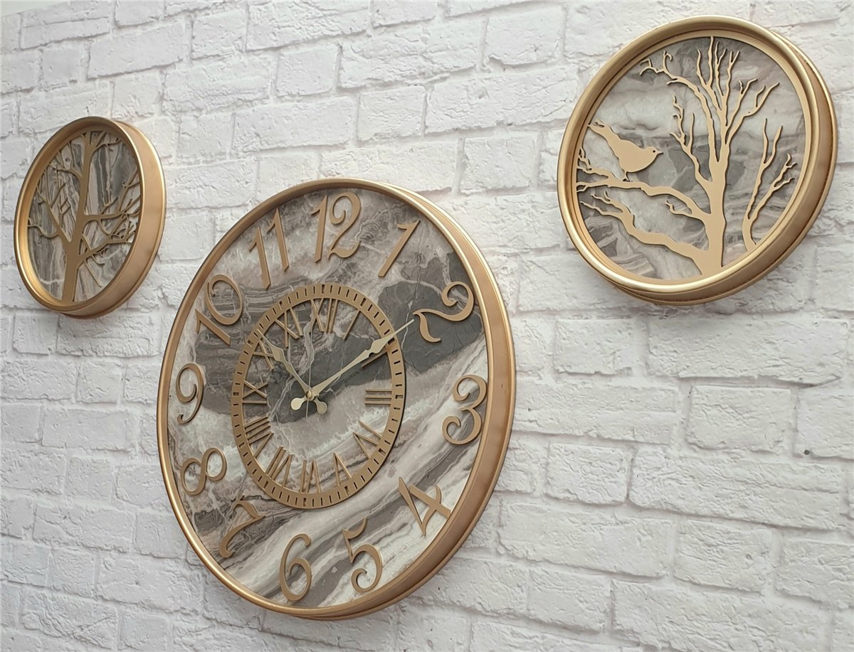 Markakanvas Metal Kasalı Mermer Desenli Duvar Saati ile Daldaki Kuş ve Hayat Ağacı Tablo