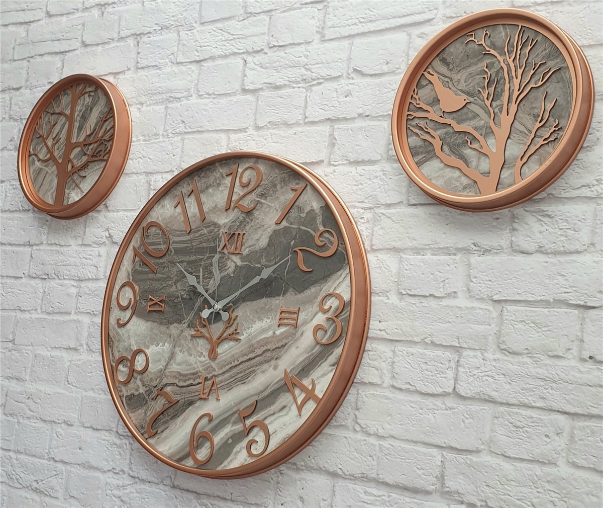 Markakanvas Metal Kasalı Mermer Desenli Duvar Saati ile Daldaki Kuş ve Hayat Ağacı Tablo