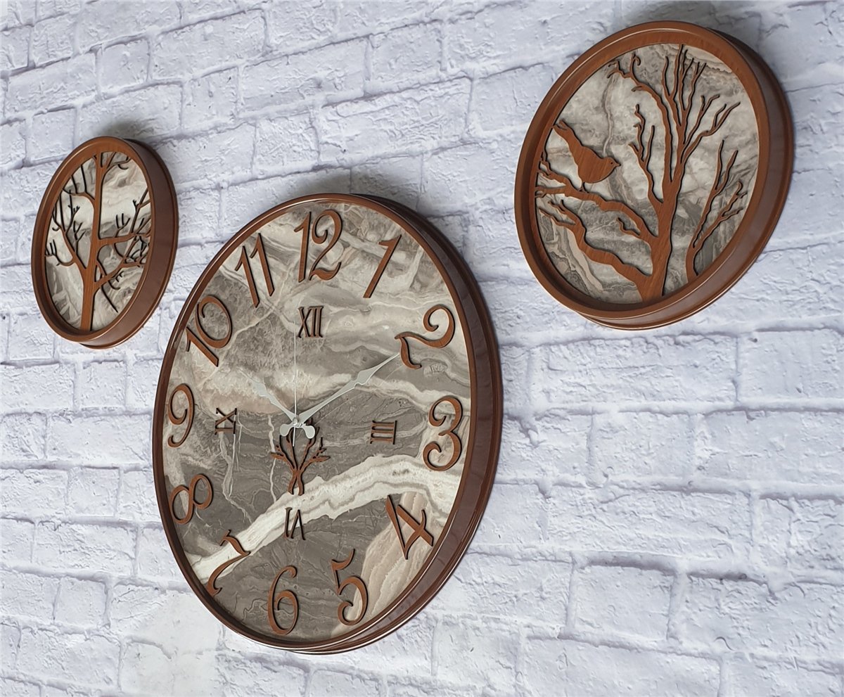 Markakanvas Metal Kasalı Mermer Desenli Duvar Saati ile Daldaki Kuş ve Hayat Ağacı Tablo
