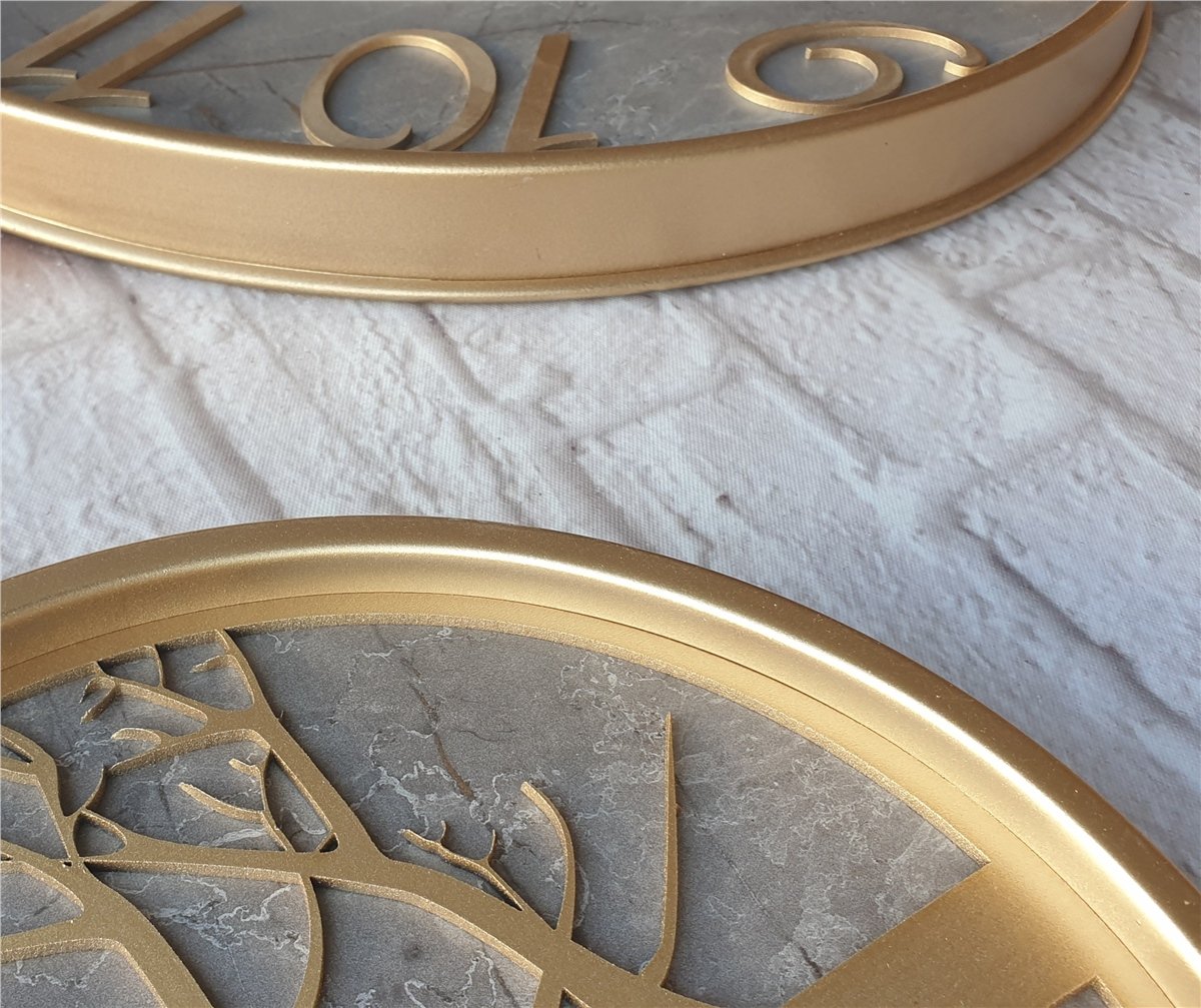 Markakanvas Metal Kasalı Mermer Desenli Duvar Saati ile Daldaki Kuş ve Hayat Ağacı Tablo
