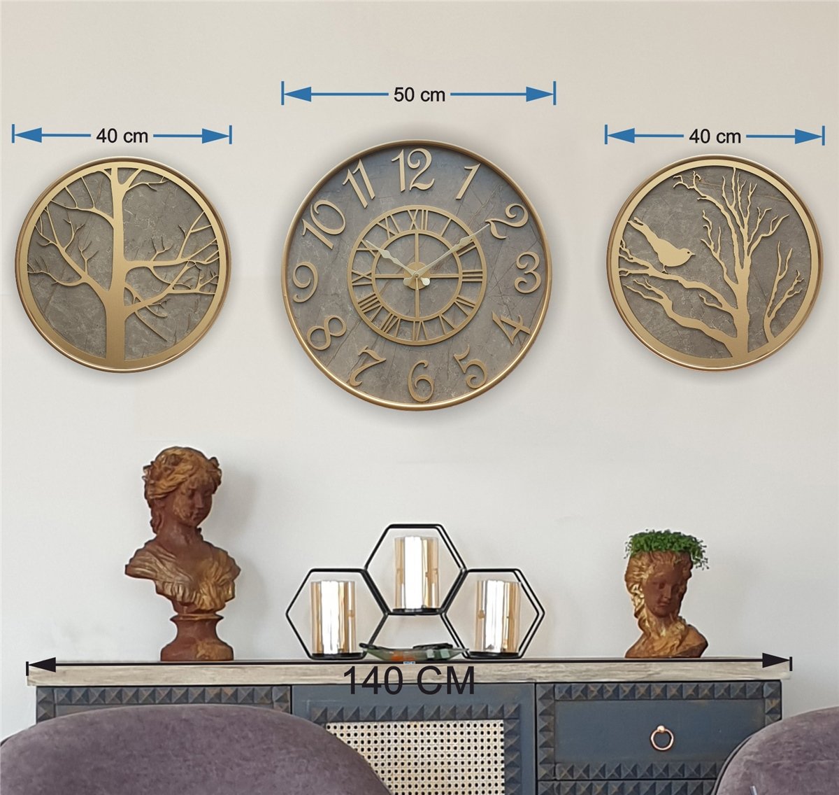 Markakanvas Metal Kasalı Mermer Desenli Duvar Saati ile Daldaki Kuş ve Hayat Ağacı Tablo