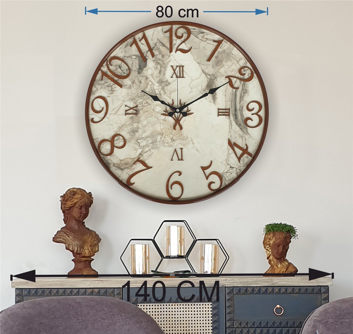 Markakanvas Metal Kasalı Mermer Desenli  Duvar Saati Çap 40 cm - Çap 50 cm - Çap 80 cm