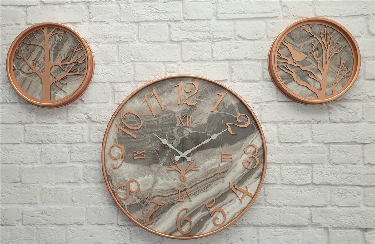 Markakanvas Metal Kasalı Mermer Desenli Duvar Saati ile Daldaki Kuş ve Hayat Ağacı Tablo