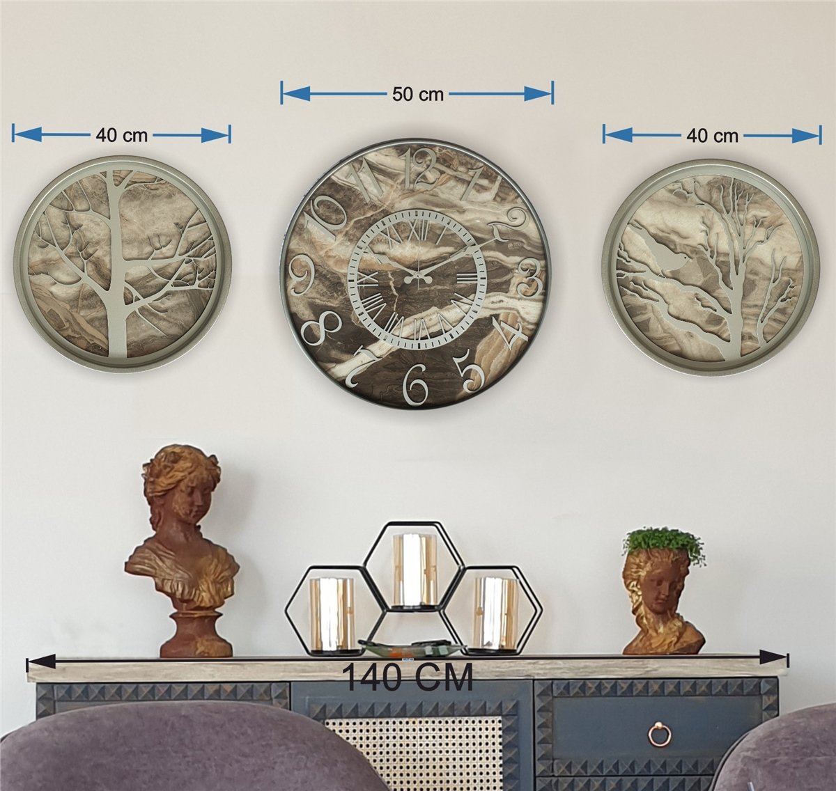 Markakanvas Metal Kasalı Mermer Desenli Duvar Saati ile Daldaki Kuş ve Hayat Ağacı Tablo