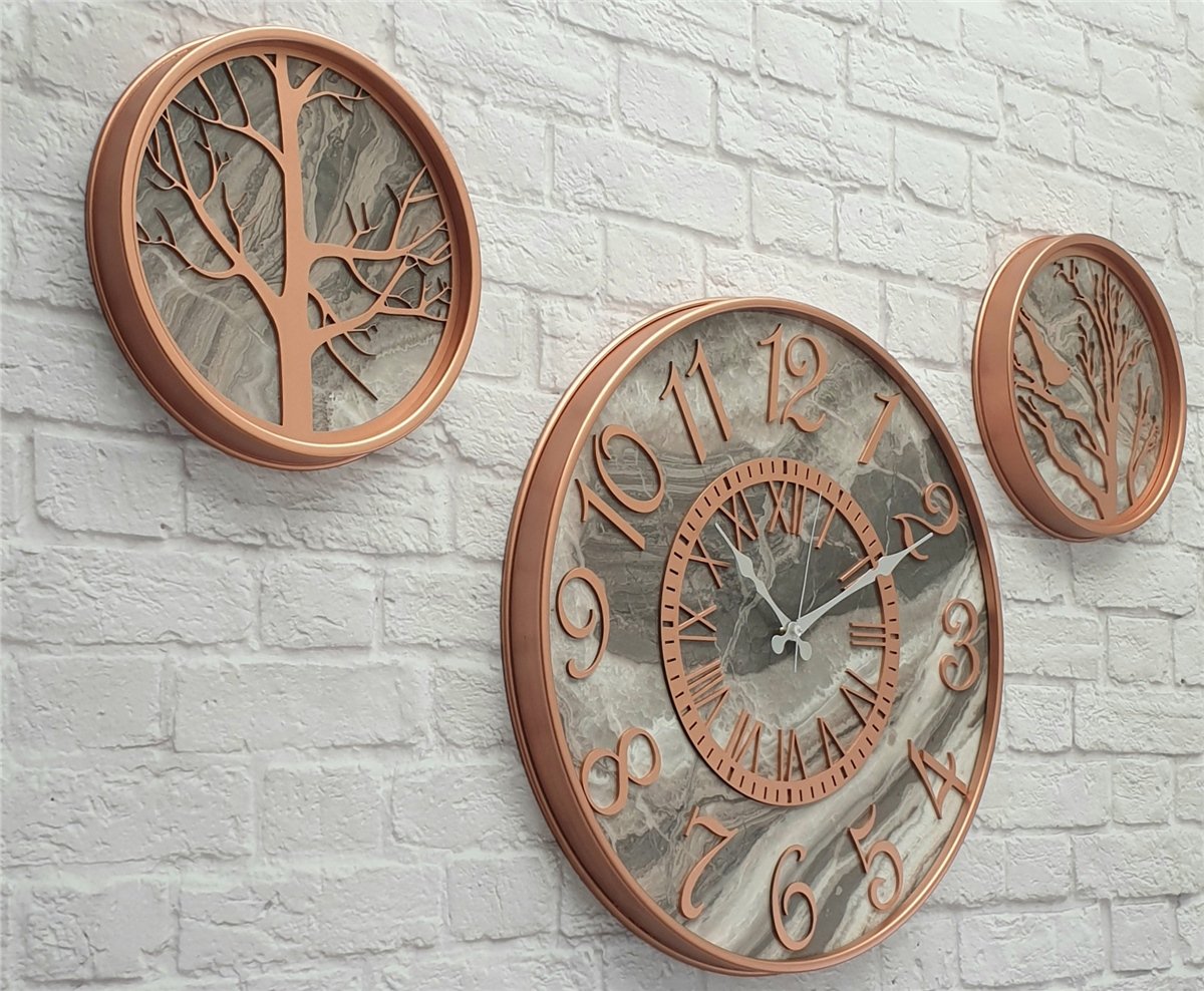 Markakanvas Metal Kasalı Mermer Desenli Duvar Saati ile Daldaki Kuş ve Hayat Ağacı Tablo
