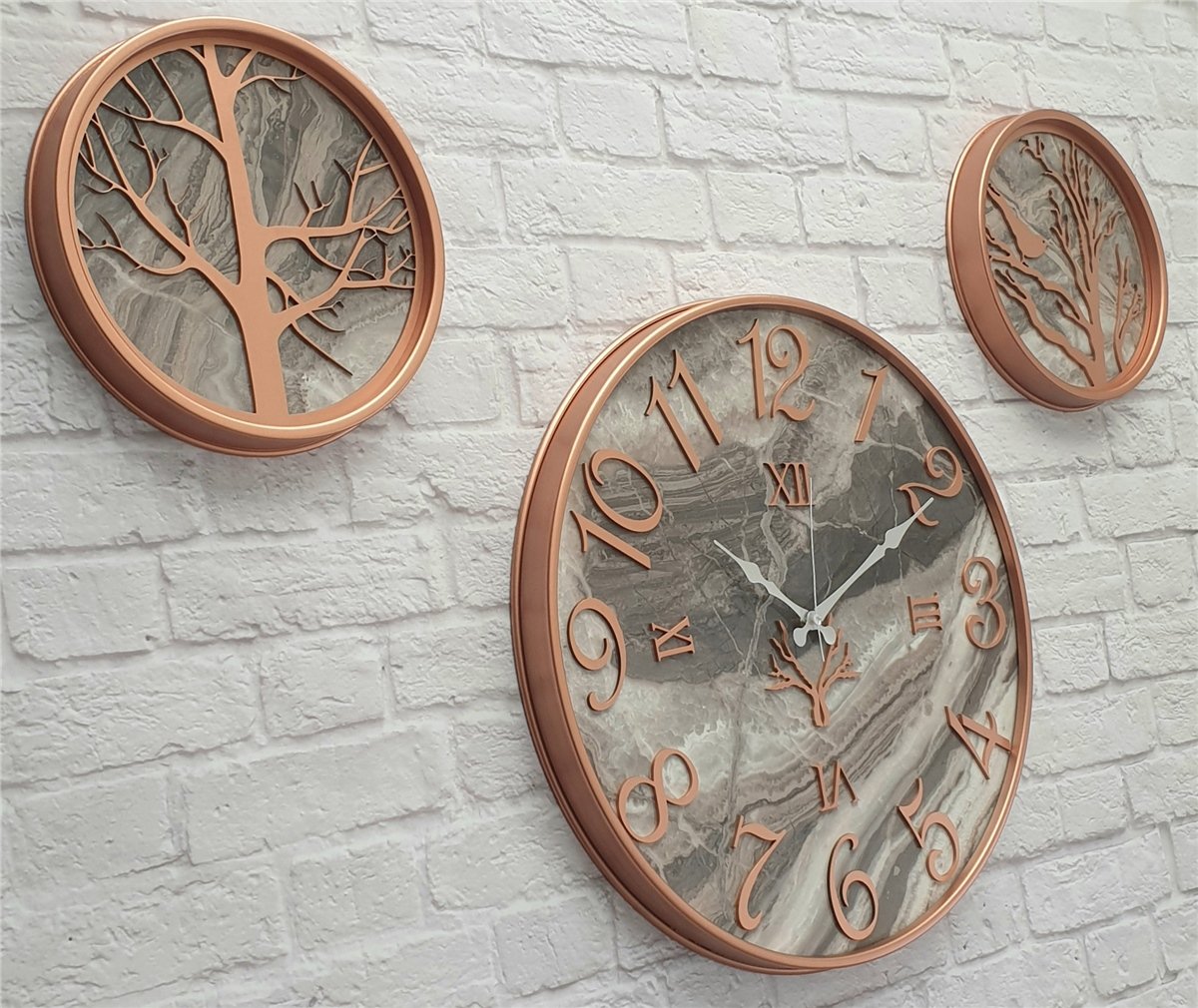 Markakanvas Metal Kasalı Mermer Desenli Duvar Saati ile Daldaki Kuş ve Hayat Ağacı Tablo