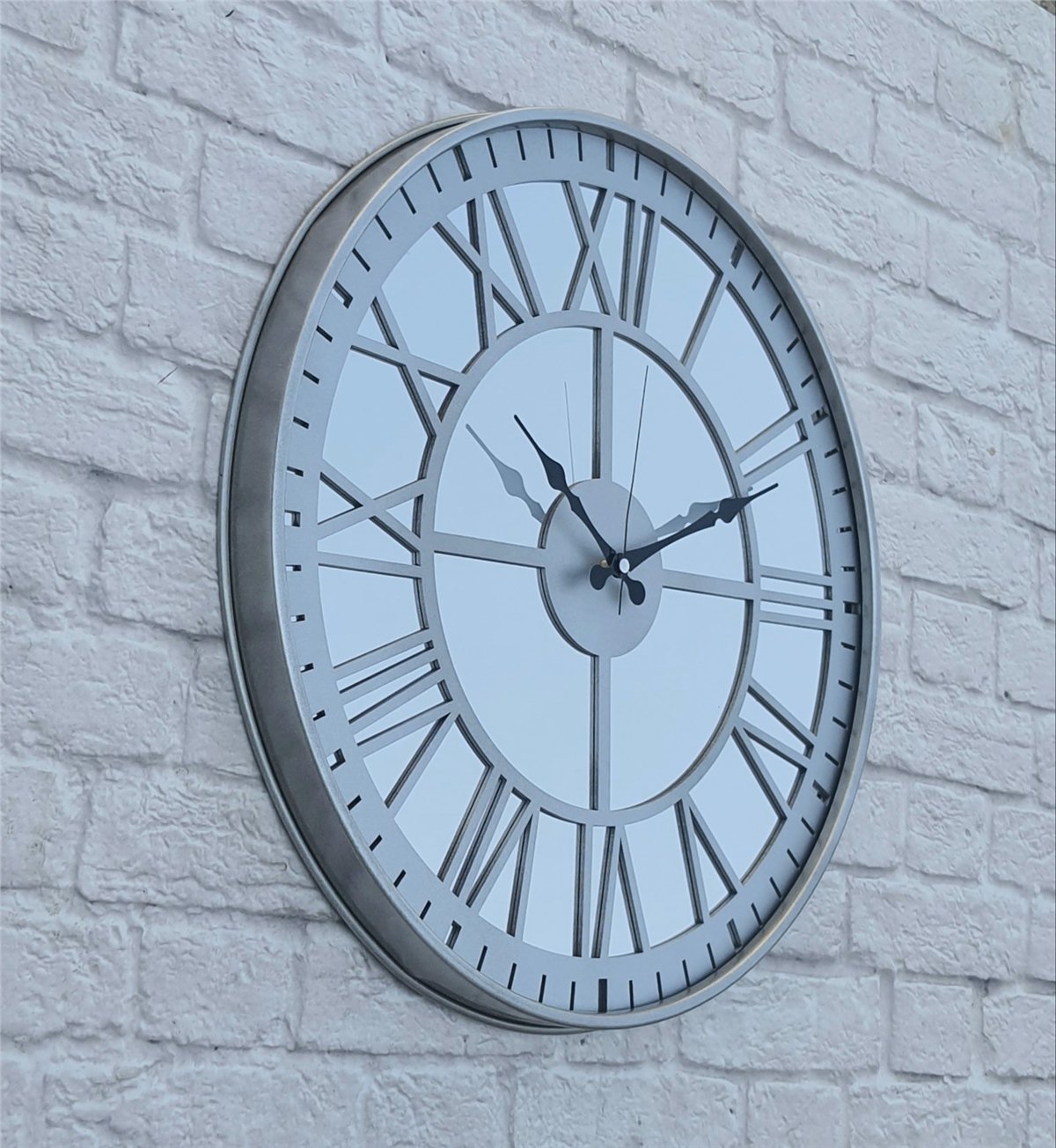 Markakanvas Metalik Gri Renkli Metal Kasalı Aynalı Duvar Saati Çap 40 cm - Çap 50 cm