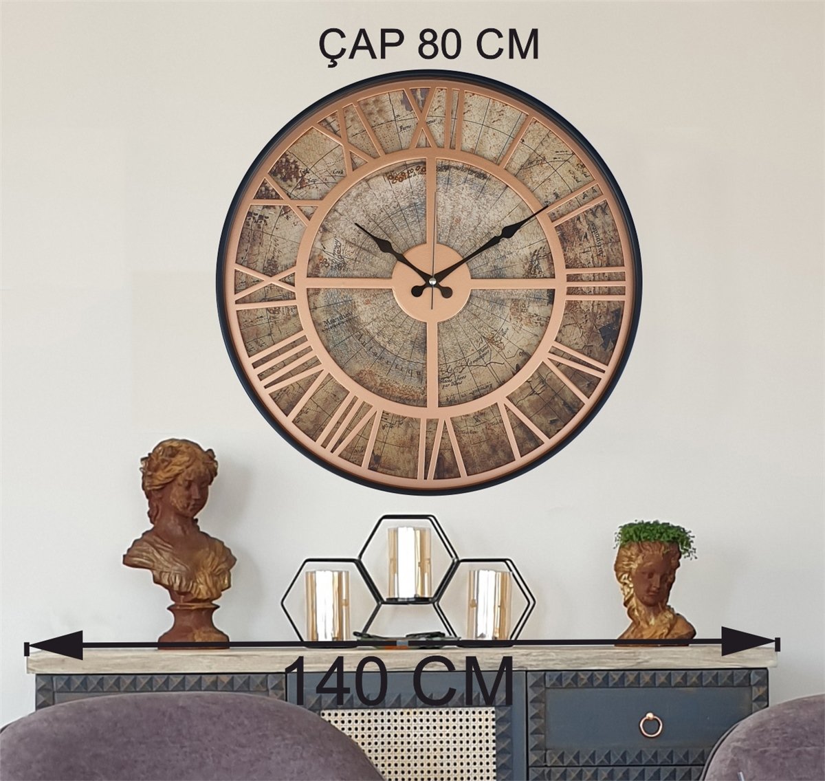 Markakanvas Siyah Metal Kasalı Eski Dünya Haritalı Duvar Saati  (Çap 50 cm - 80 cm )