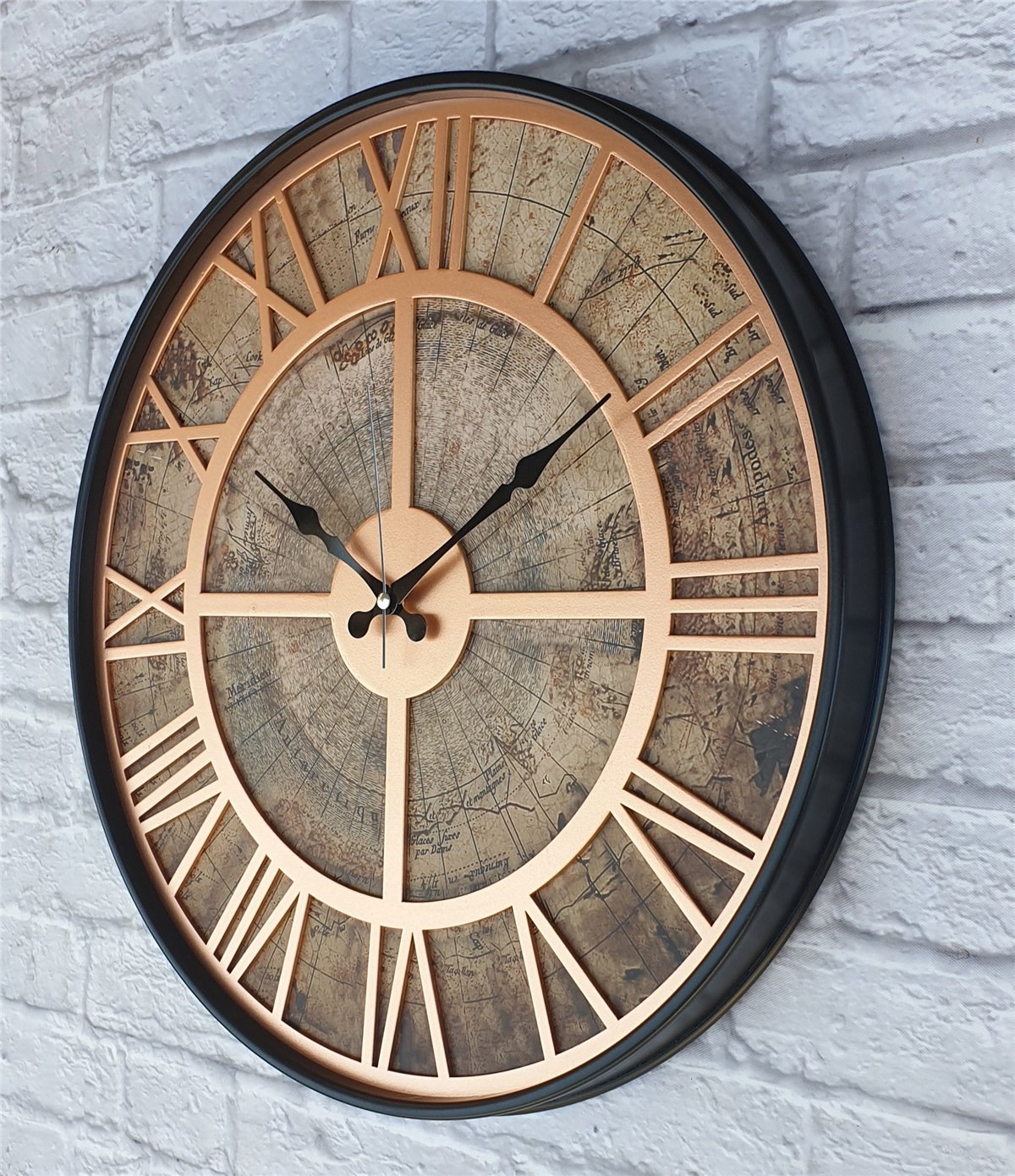 Markakanvas Siyah Metal Kasalı Eski Dünya Haritalı Duvar Saati  (Çap 50 cm - 80 cm )