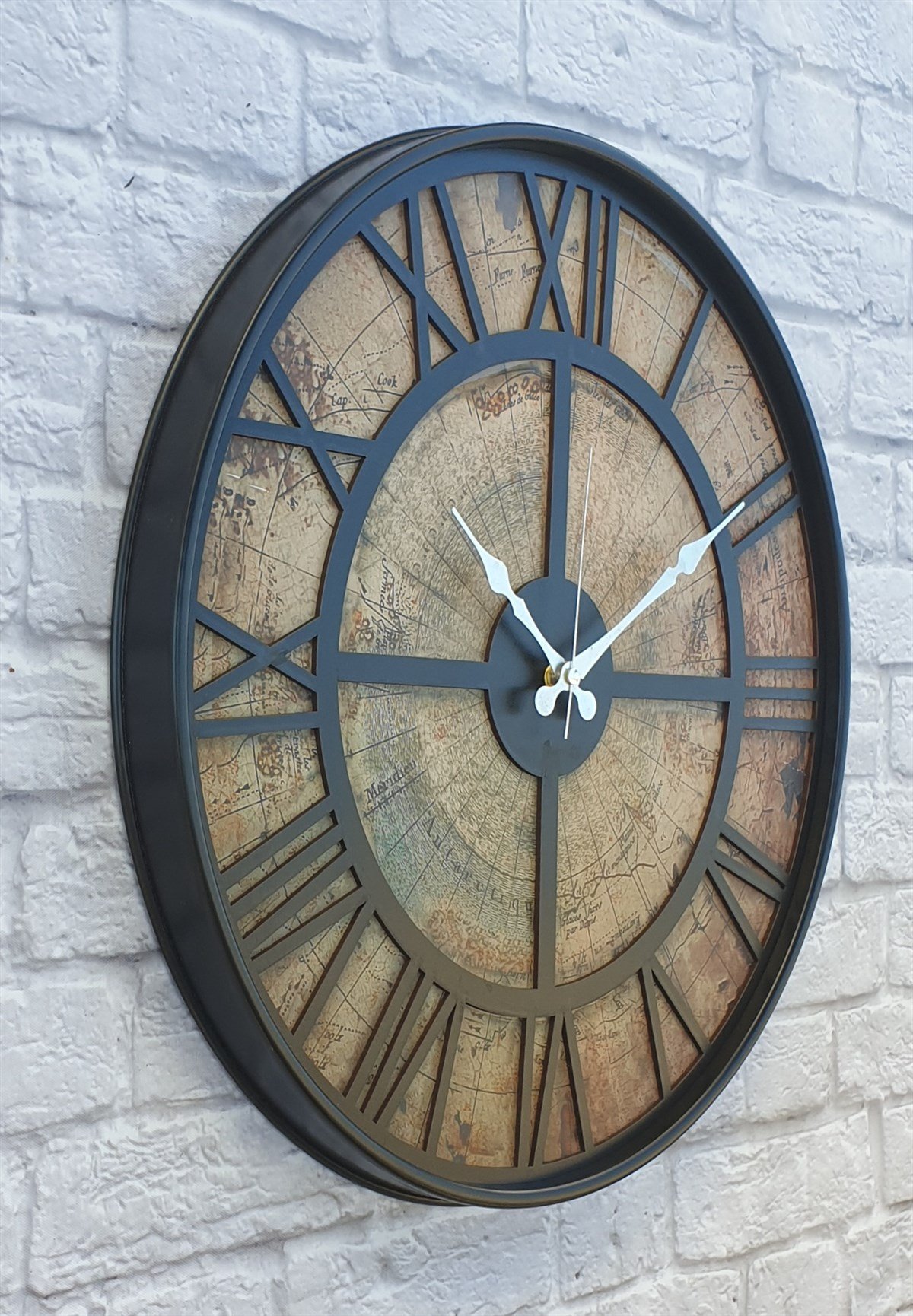 Markakanvas Siyah Metal Kasalı Eski Dünya Haritalı Duvar Saati  (Çap 50 cm - 80 cm )