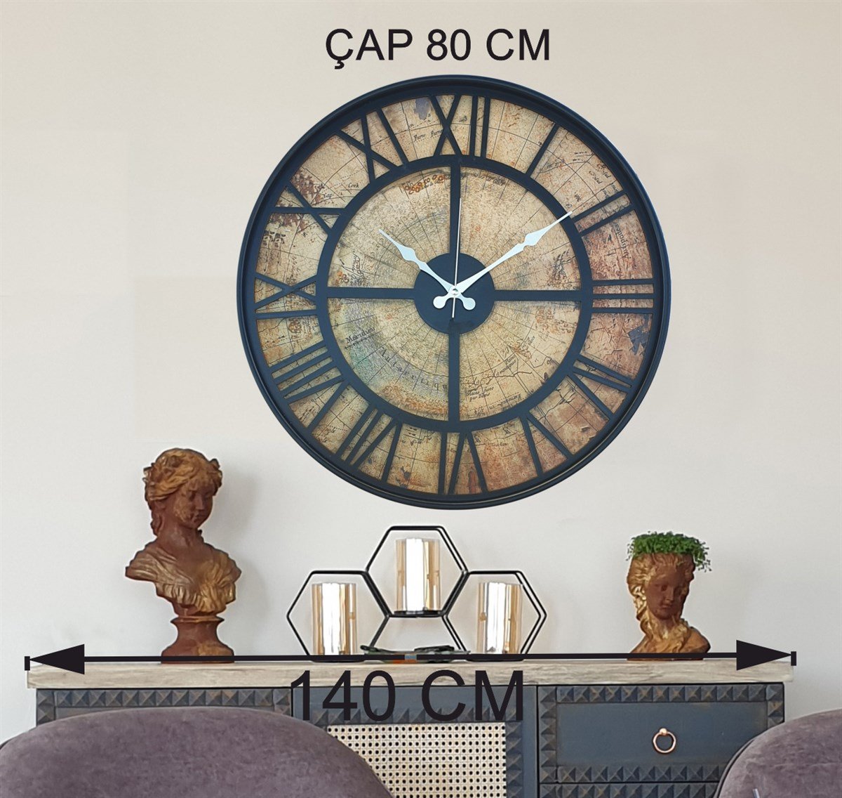 Markakanvas Siyah Metal Kasalı Eski Dünya Haritalı Duvar Saati  (Çap 50 cm - 80 cm )