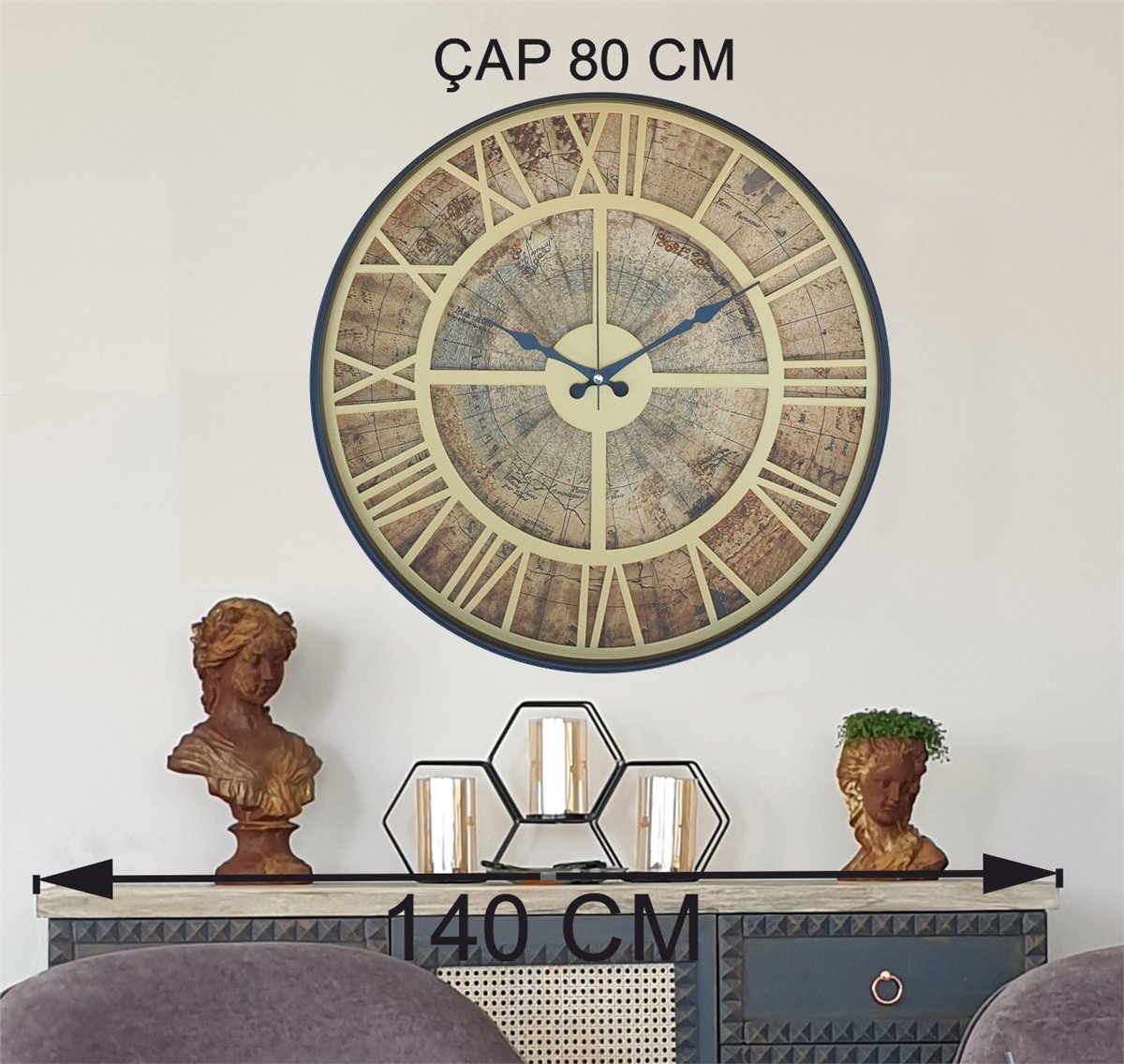 Markakanvas Siyah Metal Kasalı Eski Dünya Haritalı Duvar Saati  (Çap 50 cm - 80 cm )