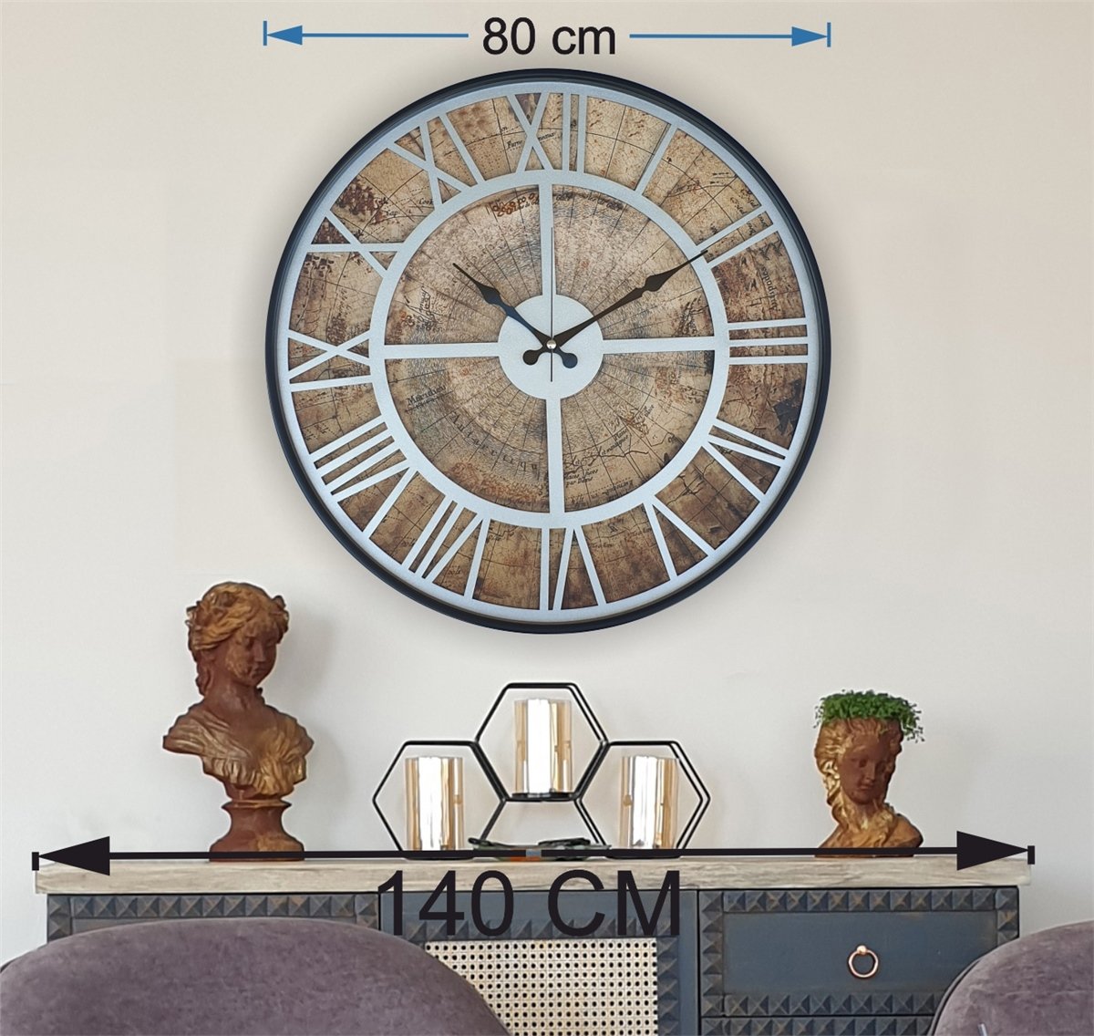 Markakanvas Siyah Metal Kasalı Eski Dünya Haritalı Duvar Saati  (Çap 50 cm - 80 cm )