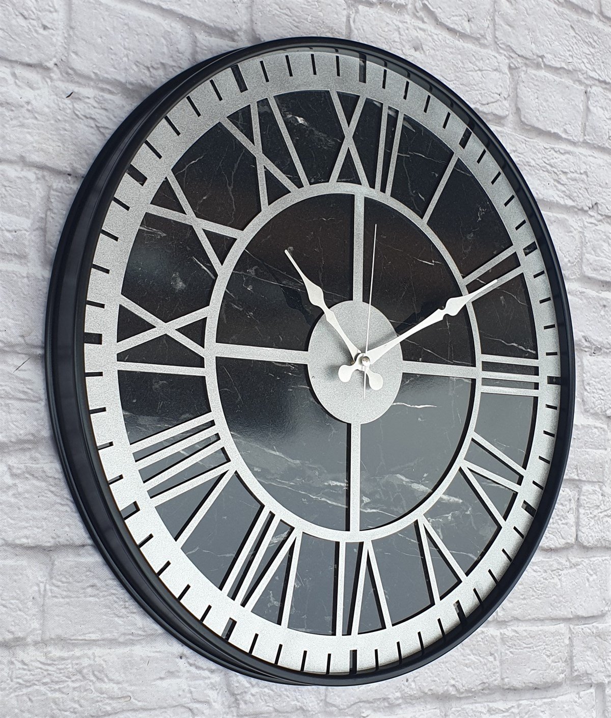 Markakanvas Siyah Metal Kasalı Mermer Desenli  Duvar Saati  ( Çap 50 cm -Çap 80 cm )