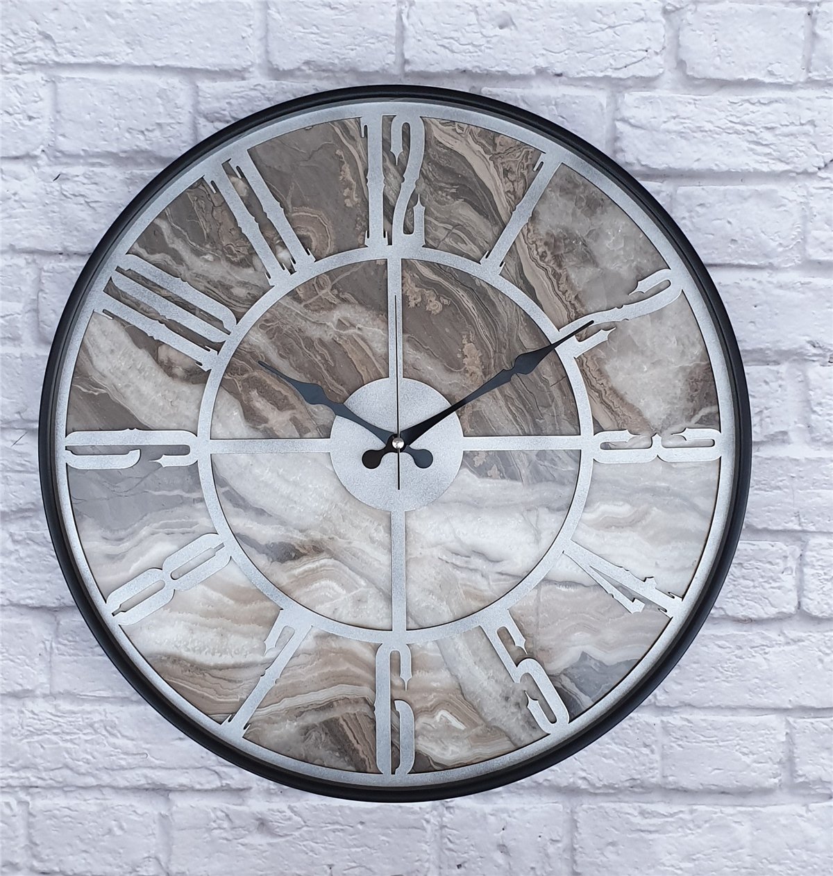 Markakanvas Siyah Metal Kasalı Mermer Desenli  Duvar Saati  ( Çap 50 cm -Çap 80 cm )