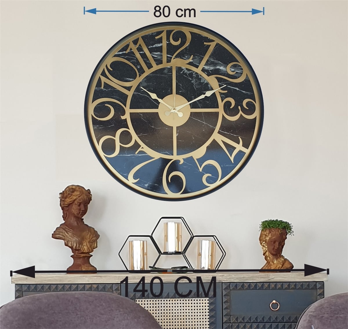 Markakanvas Siyah Metal Kasalı Mermer Desenli  Duvar Saati  ( Çap 50 cm -Çap 80 cm )