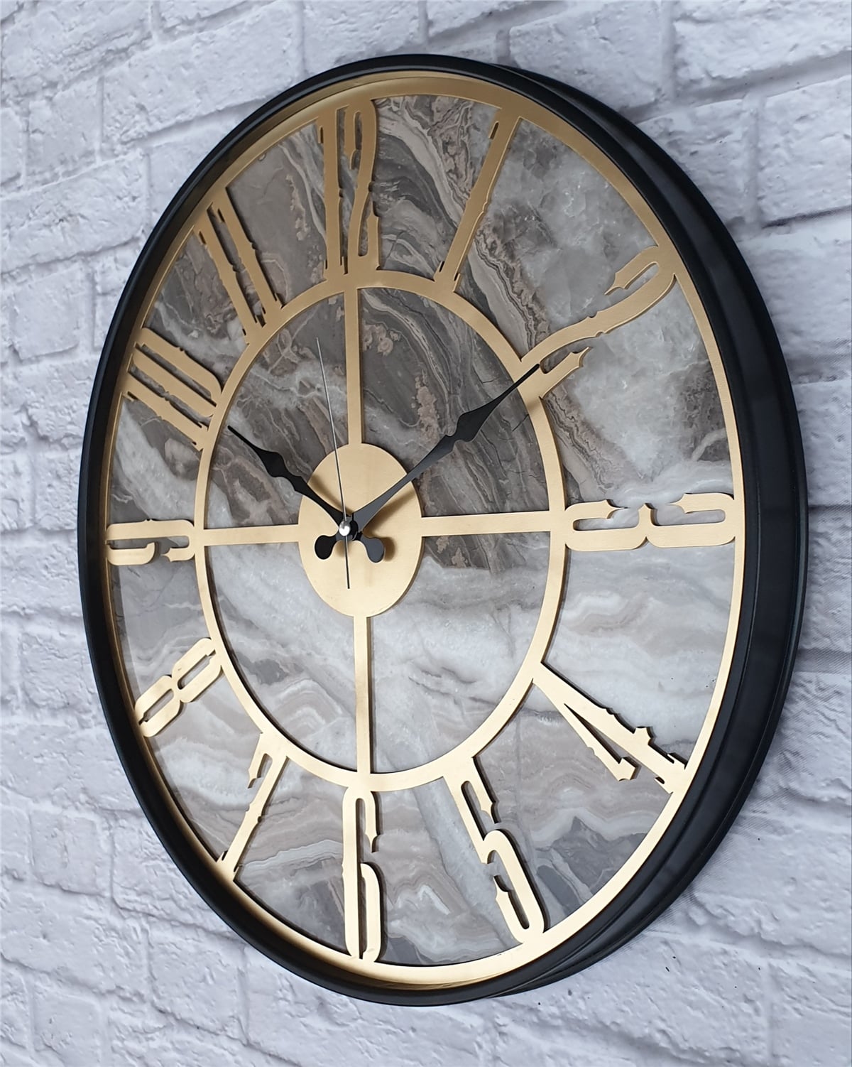 Markakanvas Siyah Metal Kasalı Mermer Desenli  Duvar Saati  ( Çap 50 cm -Çap 80 cm )