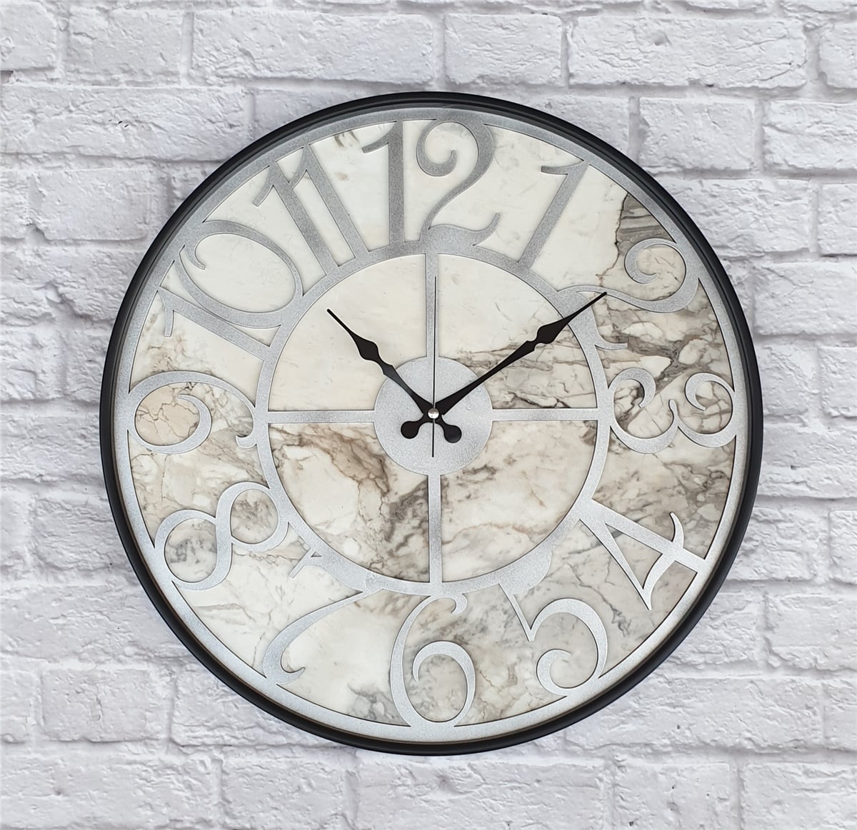Markakanvas Siyah Metal Kasalı Mermer Desenli  Duvar Saati  ( Çap 50 cm -Çap 80 cm )