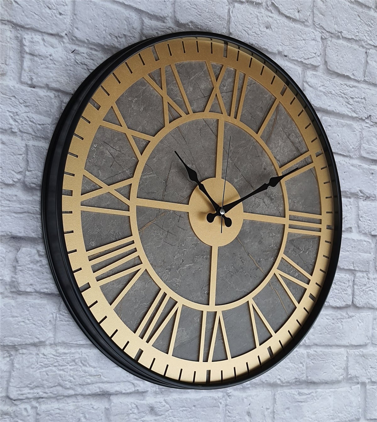 Markakanvas Siyah Metal Kasalı Mermer Desenli  Duvar Saati  ( Çap 50 cm -Çap 80 cm )