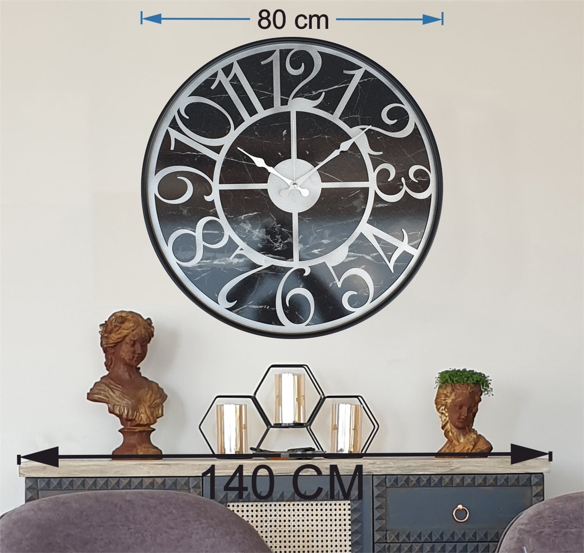 Markakanvas Siyah Metal Kasalı Mermer Desenli  Duvar Saati  ( Çap 50 cm -Çap 80 cm )