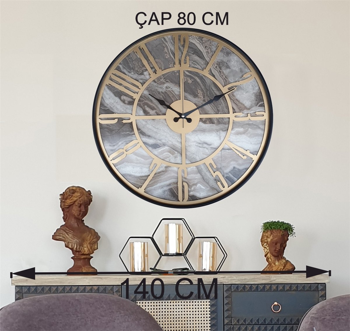 Markakanvas Siyah Metal Kasalı Mermer Desenli  Duvar Saati  ( Çap 50 cm -Çap 80 cm )