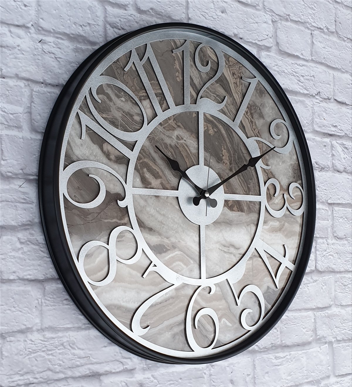 Markakanvas Siyah Metal Kasalı Mermer Desenli  Duvar Saati  ( Çap 50 cm -Çap 80 cm )