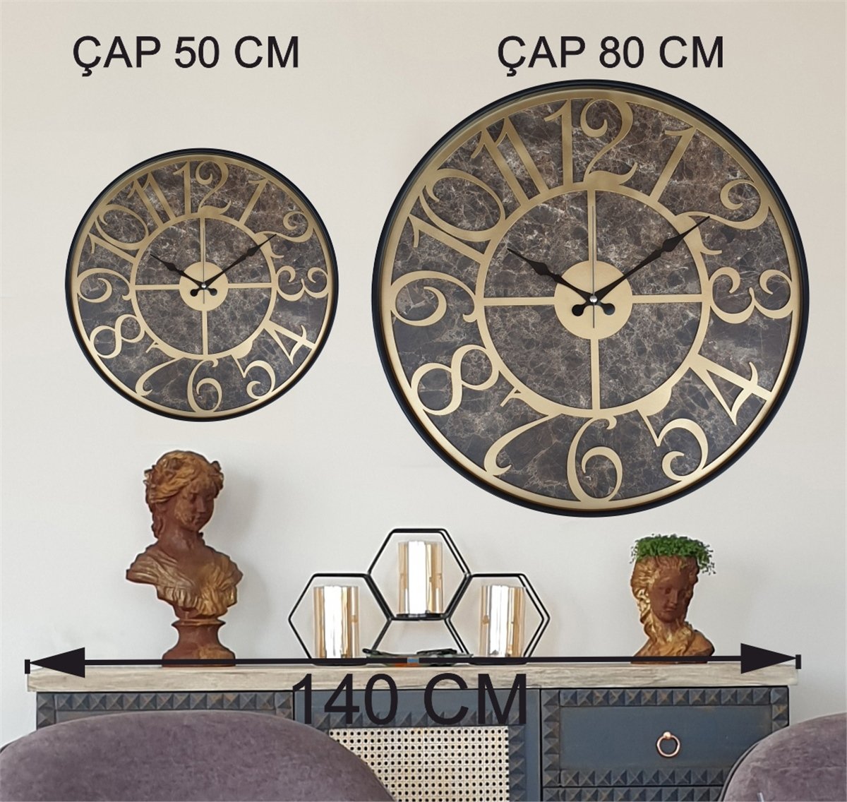Markakanvas Siyah Metal Kasalı Mermer Desenli  Duvar Saati  ( Çap 50 cm -Çap 80 cm )