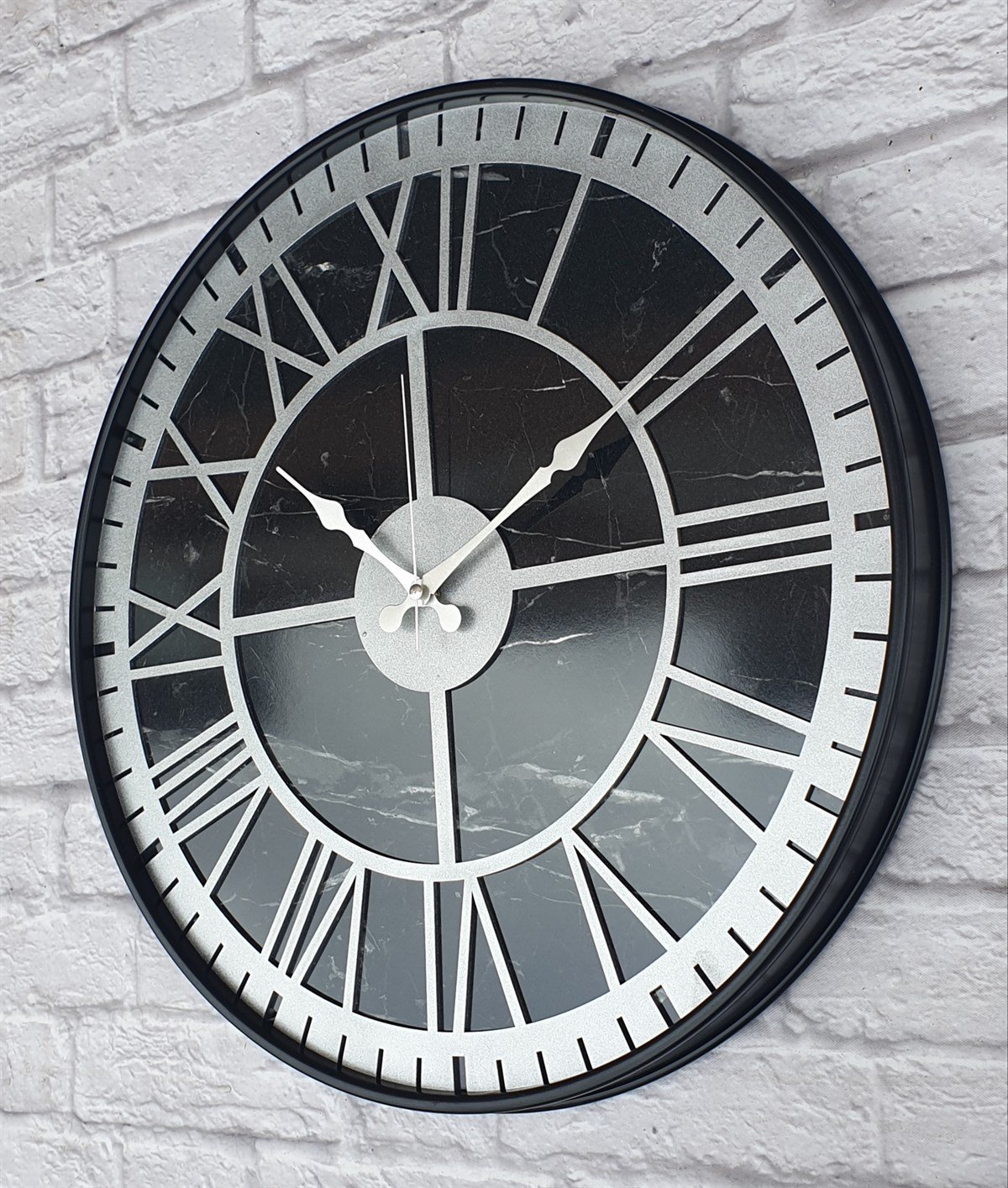 Markakanvas Siyah Metal Kasalı Mermer Desenli  Duvar Saati  ( Çap 50 cm -Çap 80 cm )