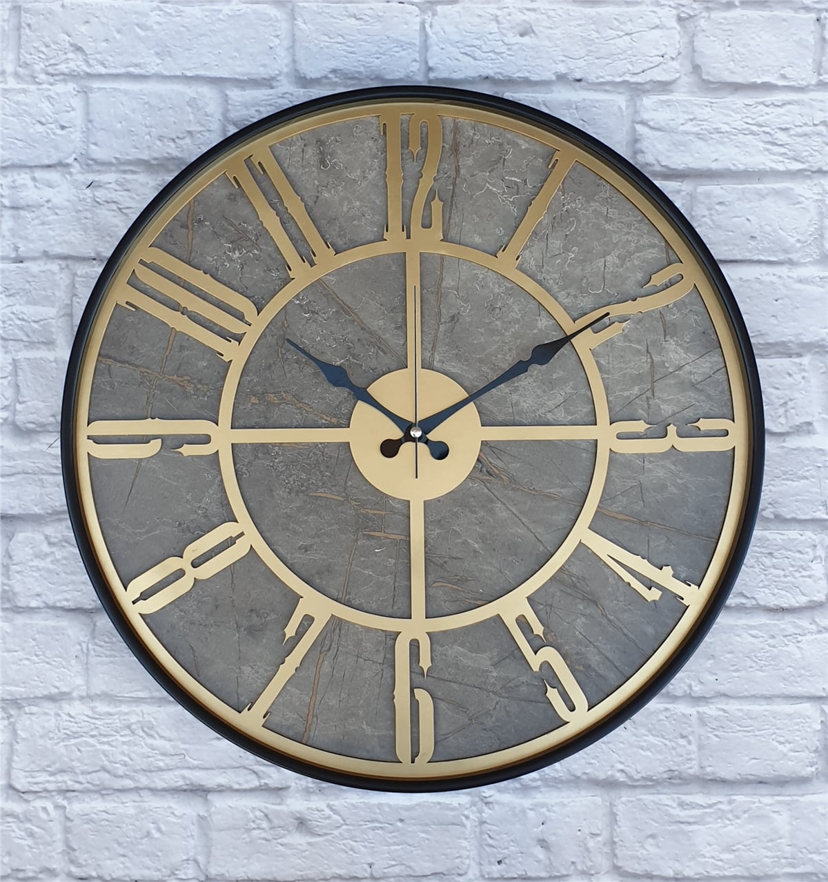 Markakanvas Siyah Metal Kasalı Mermer Desenli  Duvar Saati  ( Çap 50 cm -Çap 80 cm )