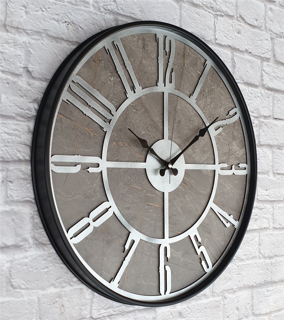 Markakanvas Siyah Metal Kasalı Mermer Desenli  Duvar Saati  ( Çap 50 cm -Çap 80 cm )