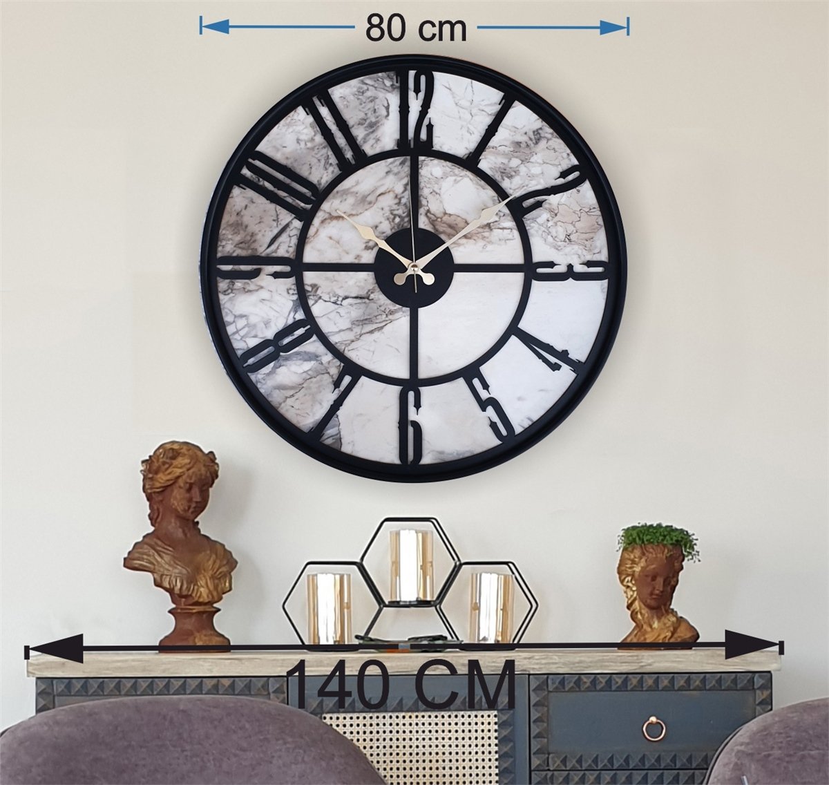 Markakanvas Siyah Metal Kasalı Mermer Desenli  Duvar Saati  ( Çap 50 cm -Çap 80 cm )