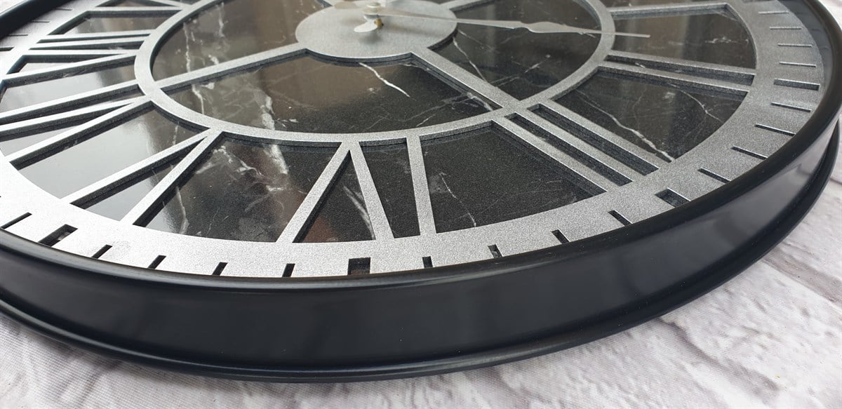 Markakanvas Siyah Metal Kasalı Mermer Desenli  Duvar Saati  ( Çap 50 cm -Çap 80 cm )
