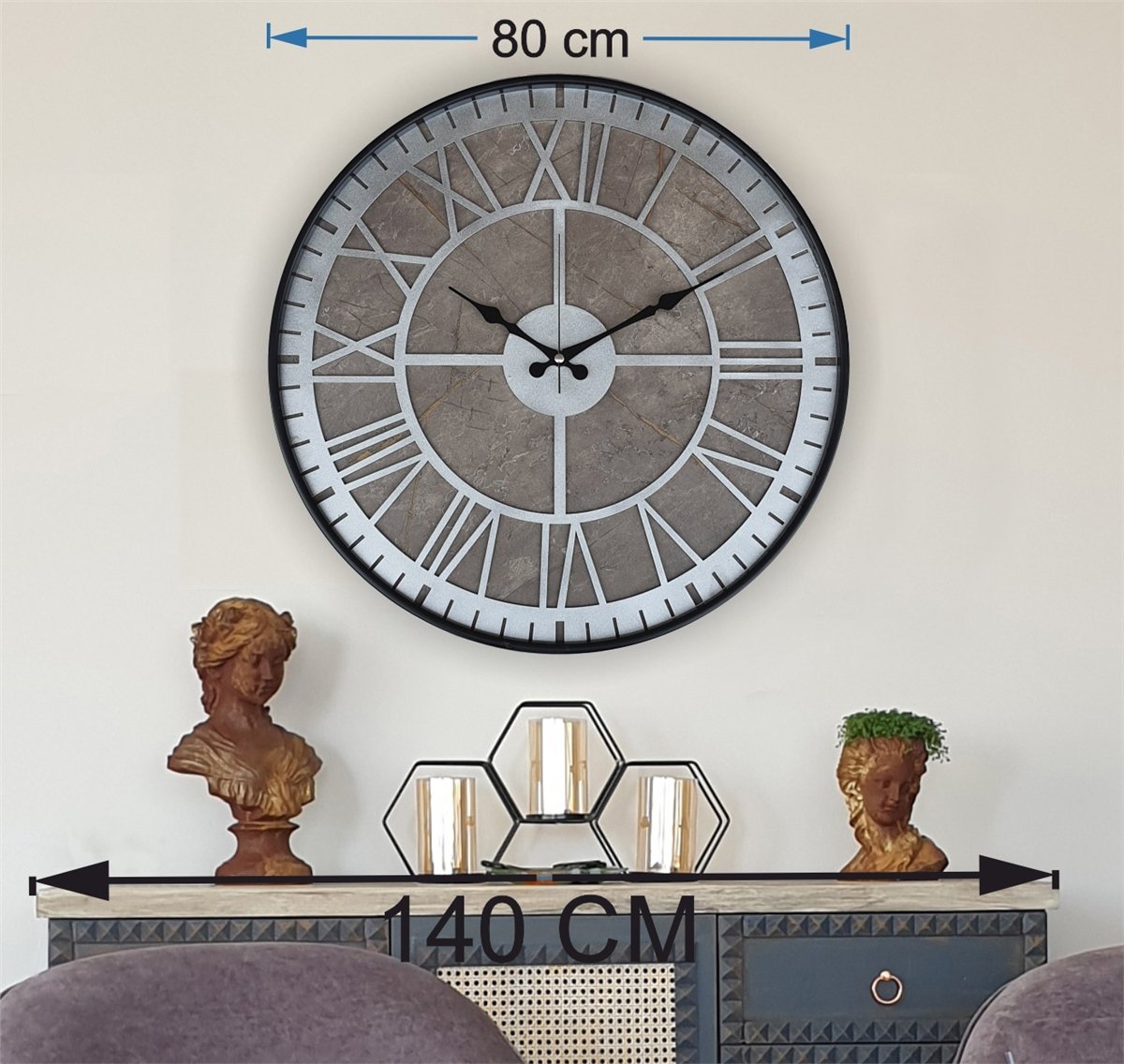 Markakanvas Siyah Metal Kasalı Mermer Desenli  Duvar Saati  ( Çap 50 cm -Çap 80 cm )