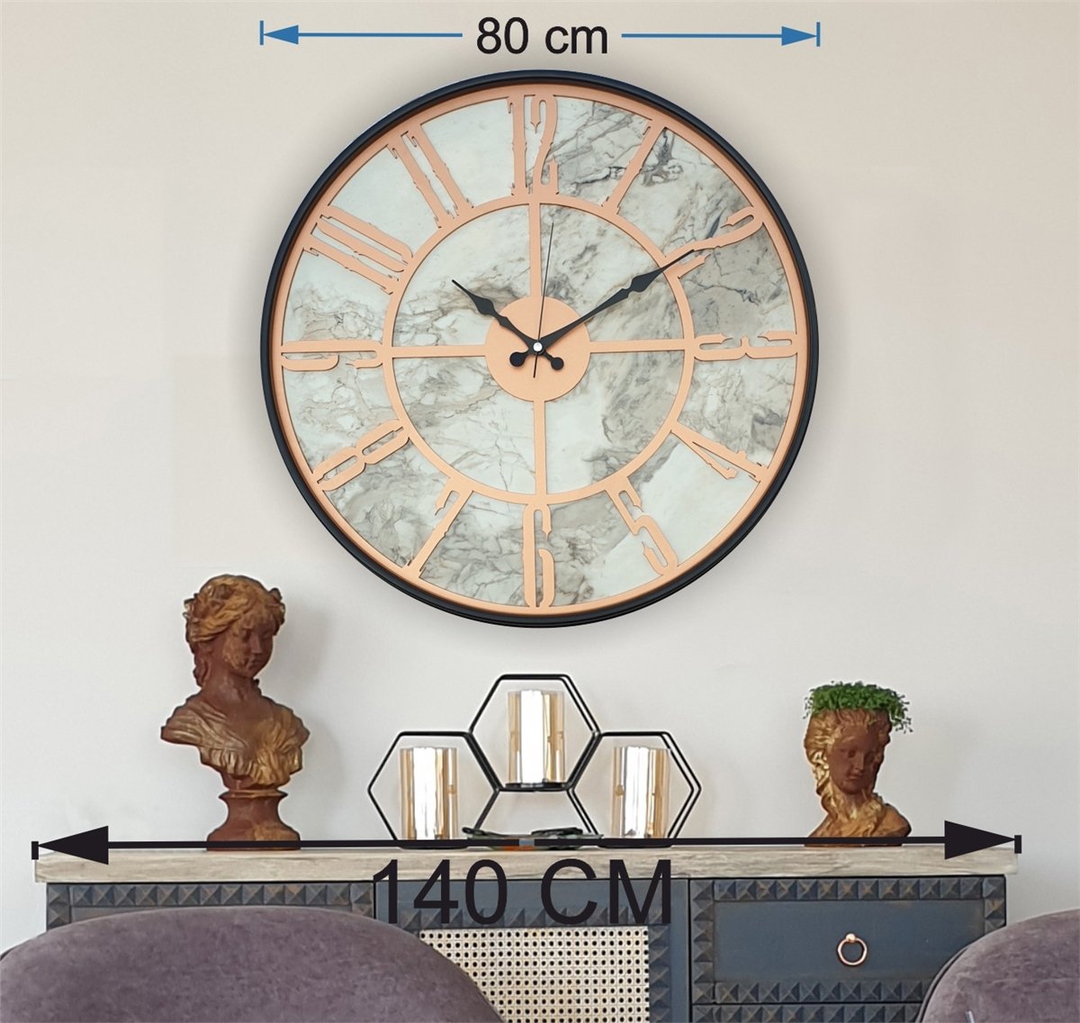 Markakanvas Siyah Metal Kasalı Mermer Desenli  Duvar Saati  ( Çap 50 cm -Çap 80 cm )