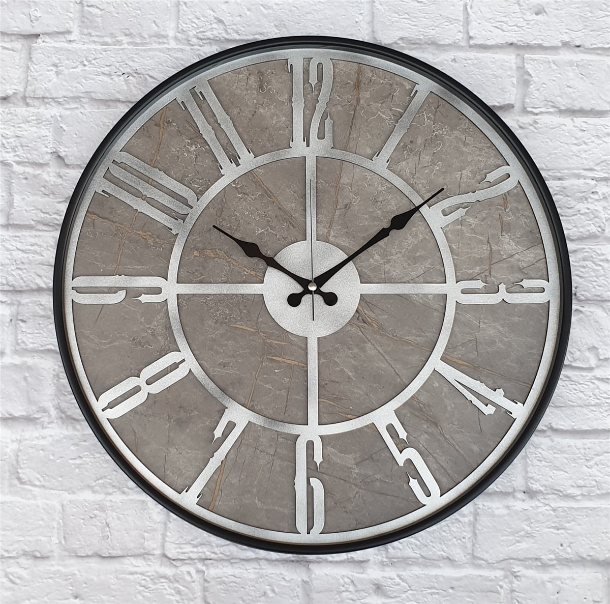 Markakanvas Siyah Metal Kasalı Mermer Desenli  Duvar Saati  ( Çap 50 cm -Çap 80 cm )