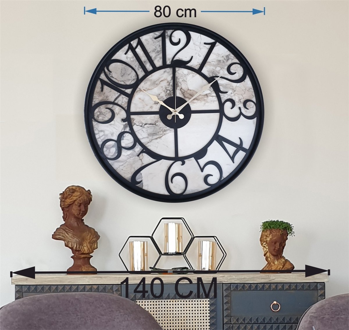 Markakanvas Siyah Metal Kasalı Mermer Desenli  Duvar Saati  ( Çap 50 cm -Çap 80 cm )