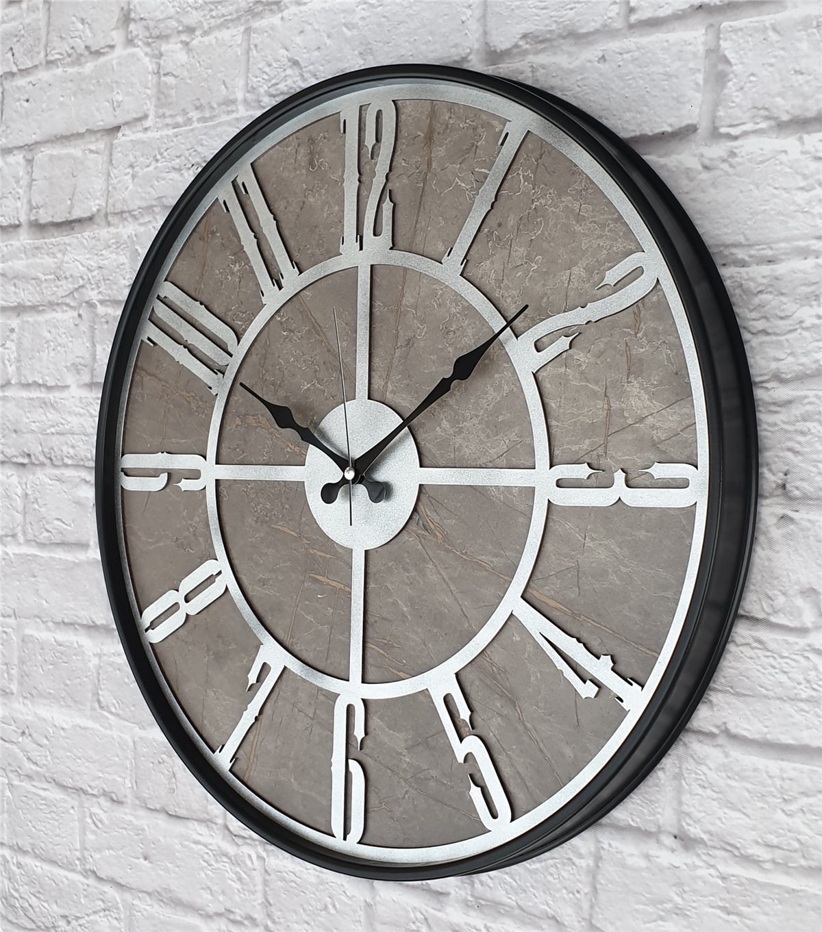Markakanvas Siyah Metal Kasalı Mermer Desenli  Duvar Saati  ( Çap 50 cm -Çap 80 cm )