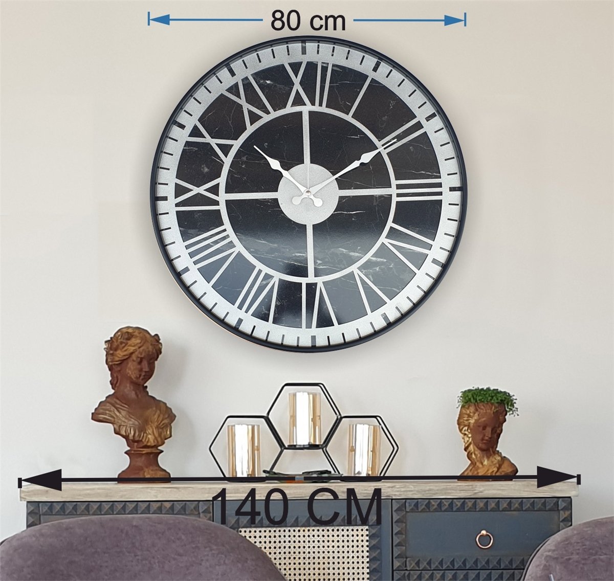 Markakanvas Siyah Metal Kasalı Mermer Desenli  Duvar Saati  ( Çap 50 cm -Çap 80 cm )