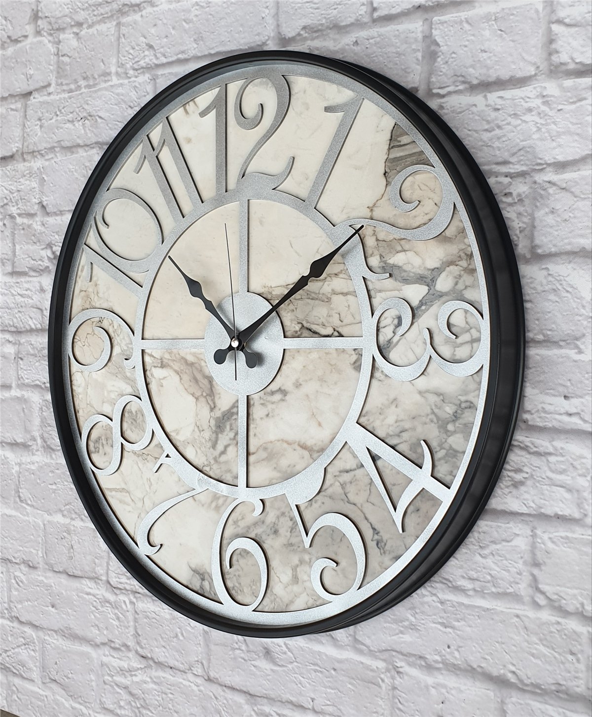Markakanvas Siyah Metal Kasalı Mermer Desenli  Duvar Saati  ( Çap 50 cm -Çap 80 cm )