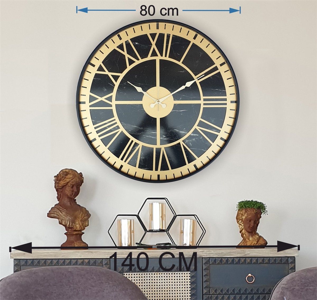 Markakanvas Siyah Metal Kasalı Mermer Desenli  Duvar Saati  ( Çap 50 cm -Çap 80 cm )