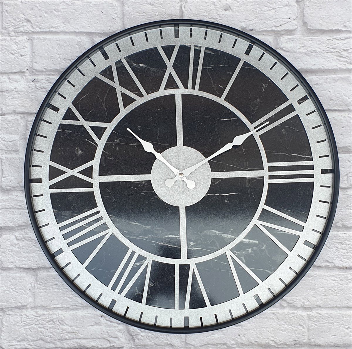 Markakanvas Siyah Metal Kasalı Mermer Desenli  Duvar Saati  ( Çap 50 cm -Çap 80 cm )