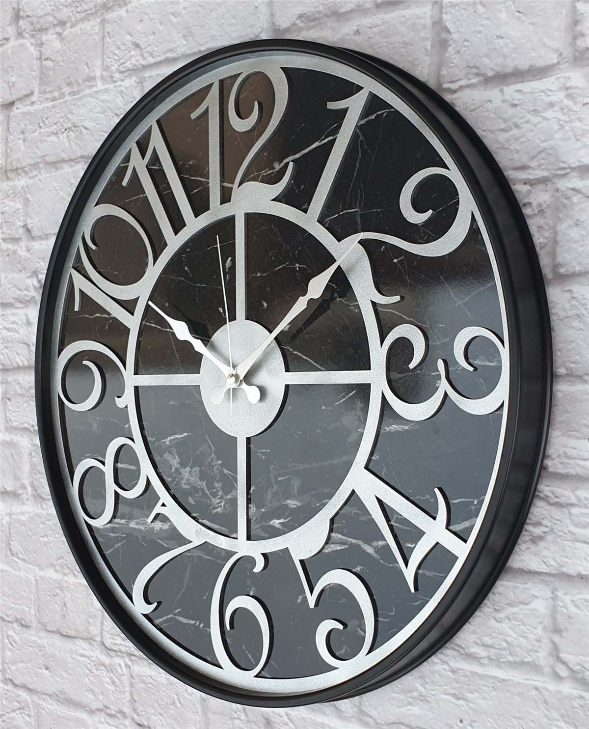 Markakanvas Siyah Metal Kasalı Mermer Desenli  Duvar Saati  ( Çap 50 cm -Çap 80 cm )