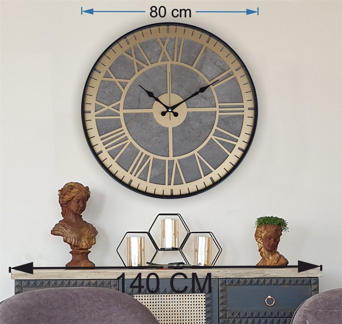 Markakanvas Siyah Metal Kasalı Mermer Desenli  Duvar Saati  ( Çap 50 cm -Çap 80 cm )