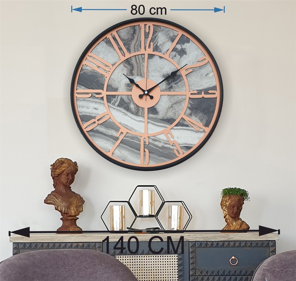 Markakanvas Siyah Metal Kasalı Mermer Desenli  Duvar Saati  ( Çap 50 cm -Çap 80 cm )