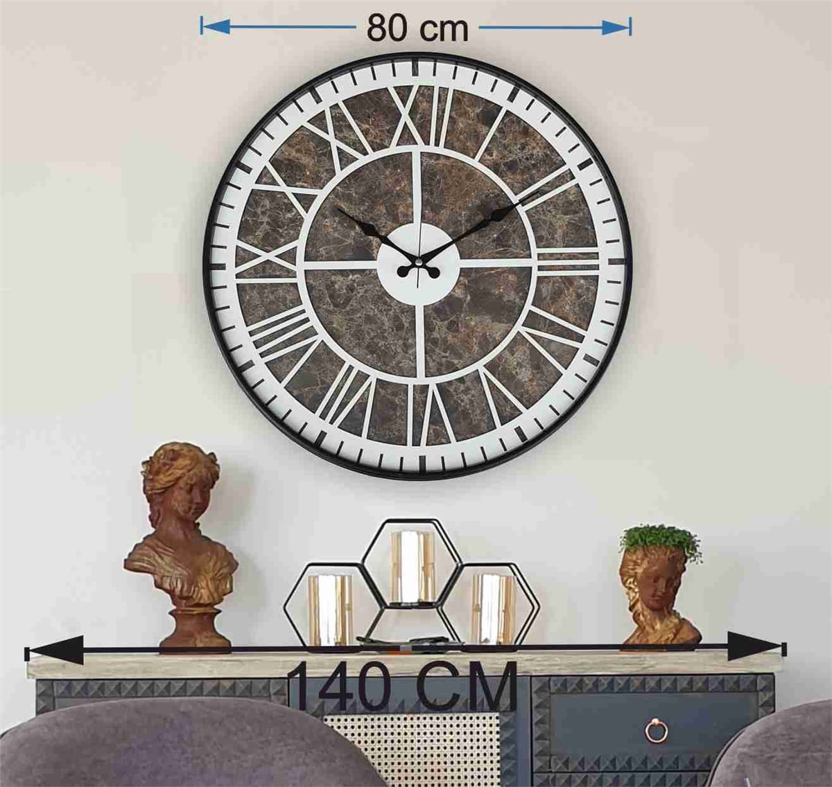 Markakanvas Siyah Metal Kasalı Mermer Desenli  Duvar Saati  ( Çap 50 cm -Çap 80 cm )
