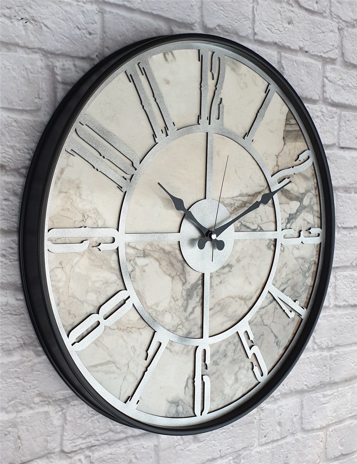 Markakanvas Siyah Metal Kasalı Mermer Desenli  Duvar Saati  ( Çap 50 cm -Çap 80 cm )