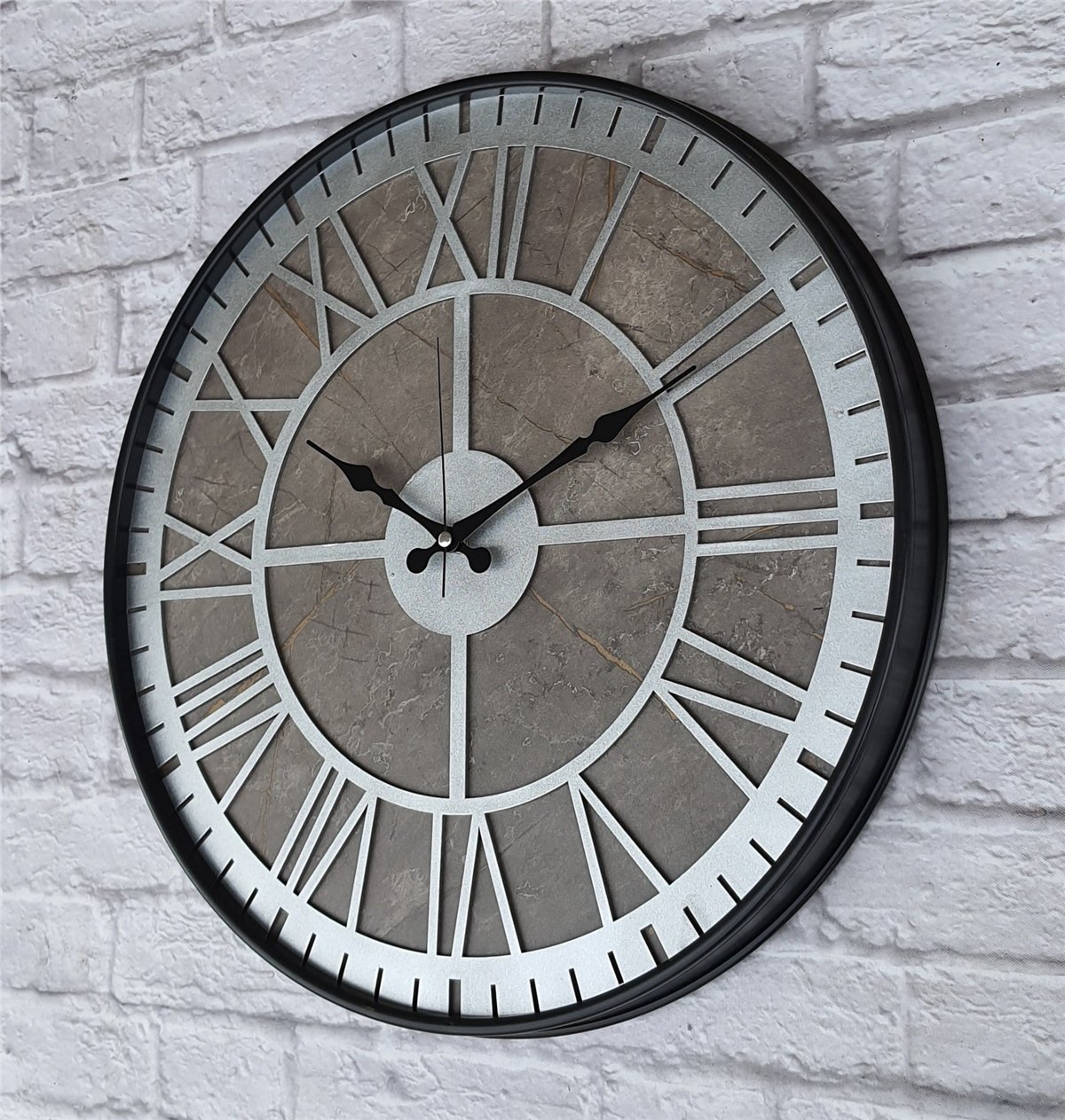 Markakanvas Siyah Metal Kasalı Mermer Desenli  Duvar Saati  ( Çap 50 cm -Çap 80 cm )