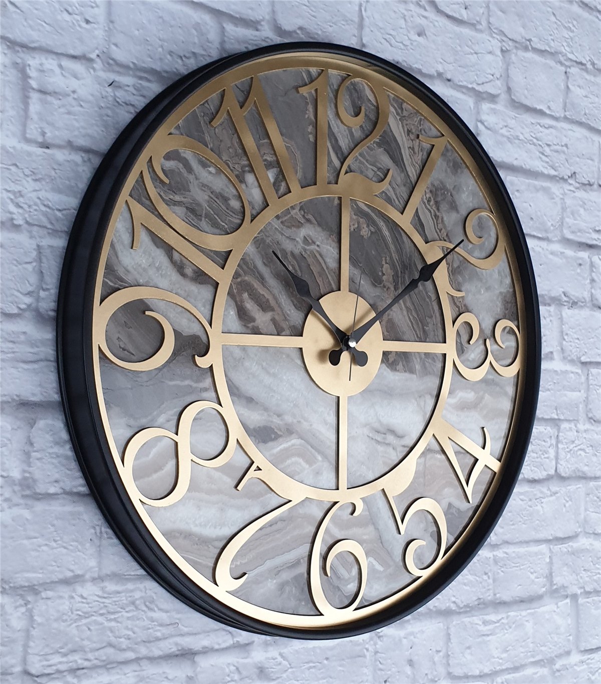 Markakanvas Siyah Metal Kasalı Mermer Desenli  Duvar Saati  ( Çap 50 cm -Çap 80 cm )